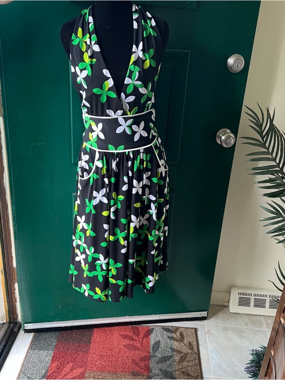London Times Black Halter Midi Dress with White & Green Floral Print